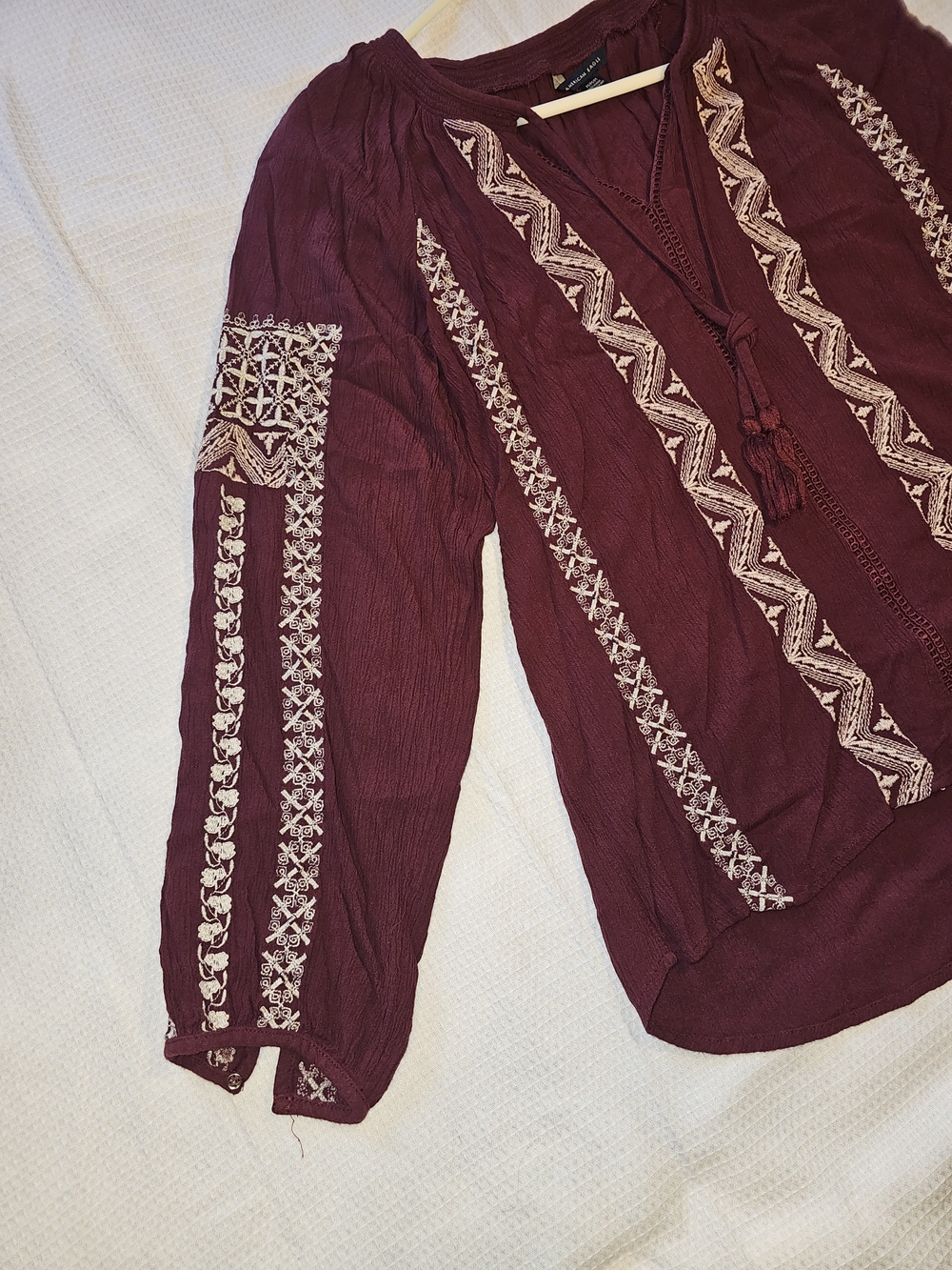 American Eagle Outfitters Burgundy Embroidered Tassel V-Neck Tunic - Picture 4 of 10